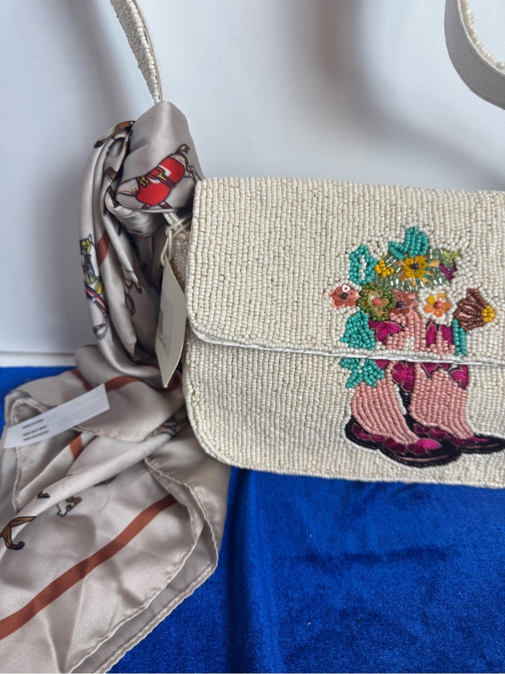 Viral Sol & Mer Ivory Beaded Crossbody Bag with Floral Cowboy Boots - Picture 3 of 7